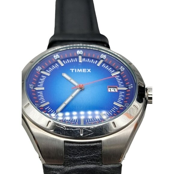 Timex Mens Quartz Watch Blue Face Indiglo WR100M 8" Leather Band 40mm Day VTG - Picture 12 of 15